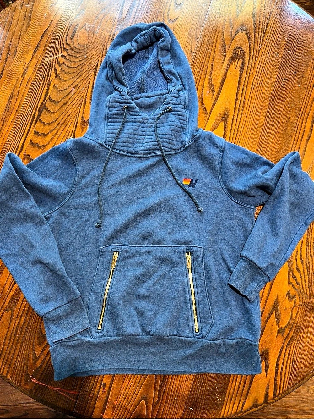 Aviator Nation Blue Ninja Pullover Hoodie Rainbow Logo Gold Zip Pockets